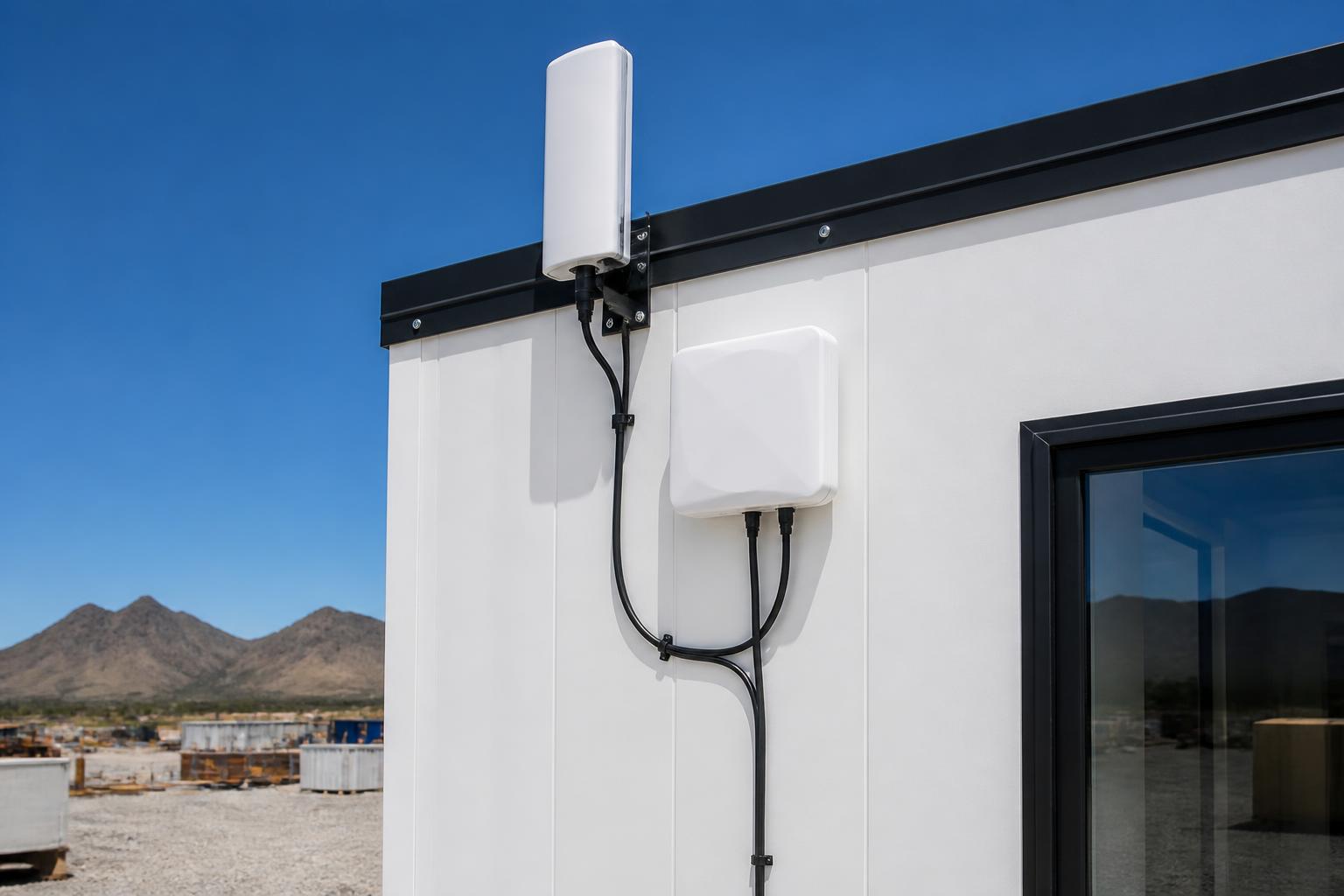 Weather-rated Wi-Fi and LTE equipment installed on an Arizona construction jobsite trailer