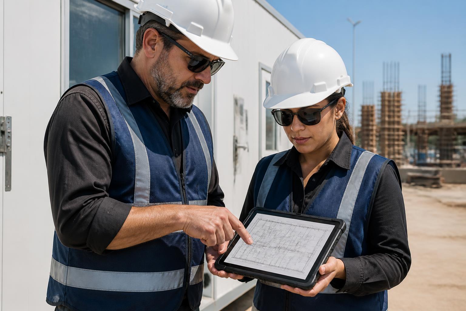 Construction professionals reviewing digital plans together on a rugged field tablet