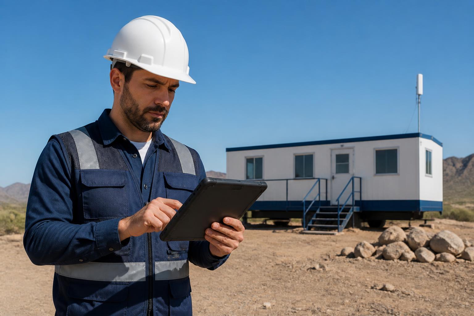 Arizona construction manager using a rugged tablet beside a connected jobsite trailer